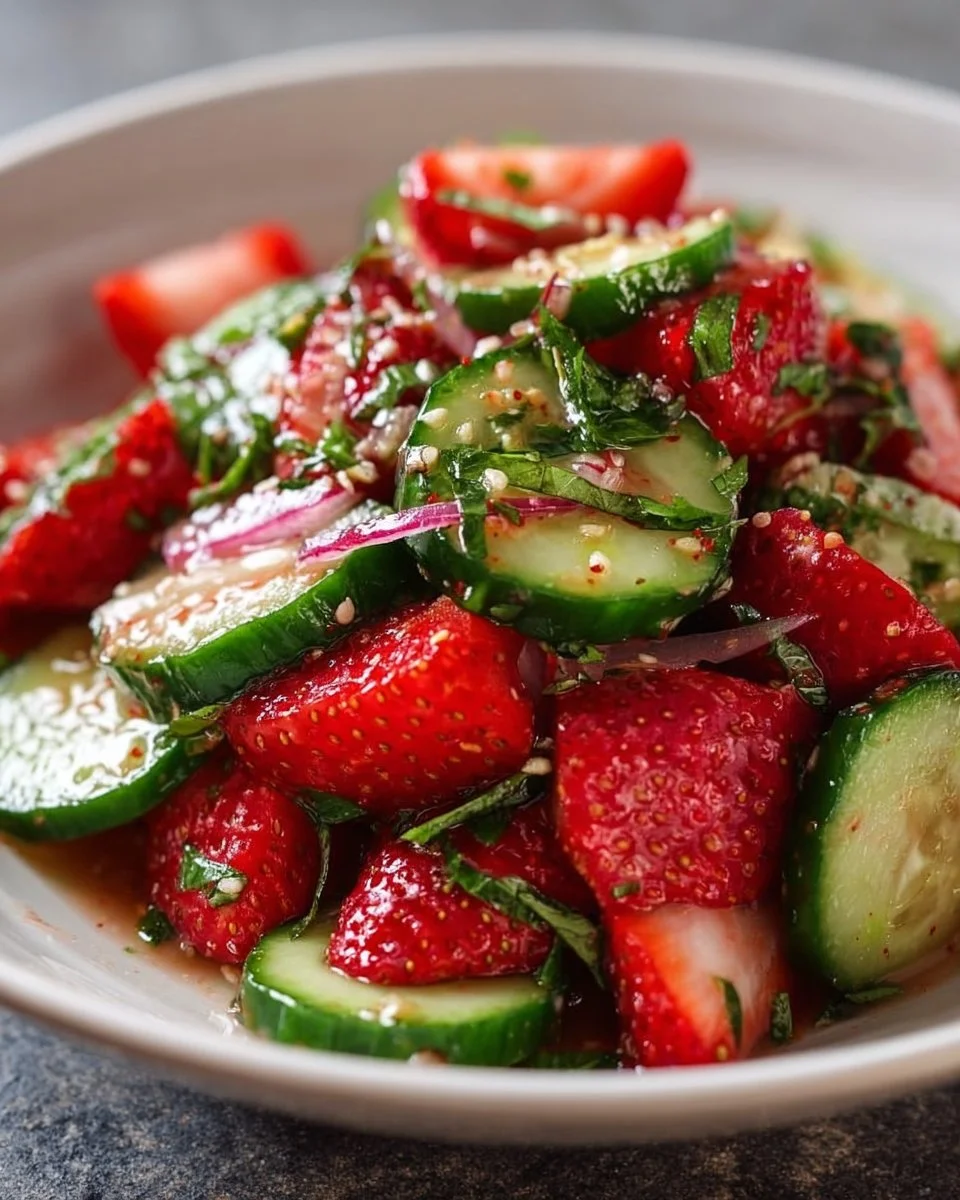 Fresh cucumber strawberry salad with mint and feta cheese