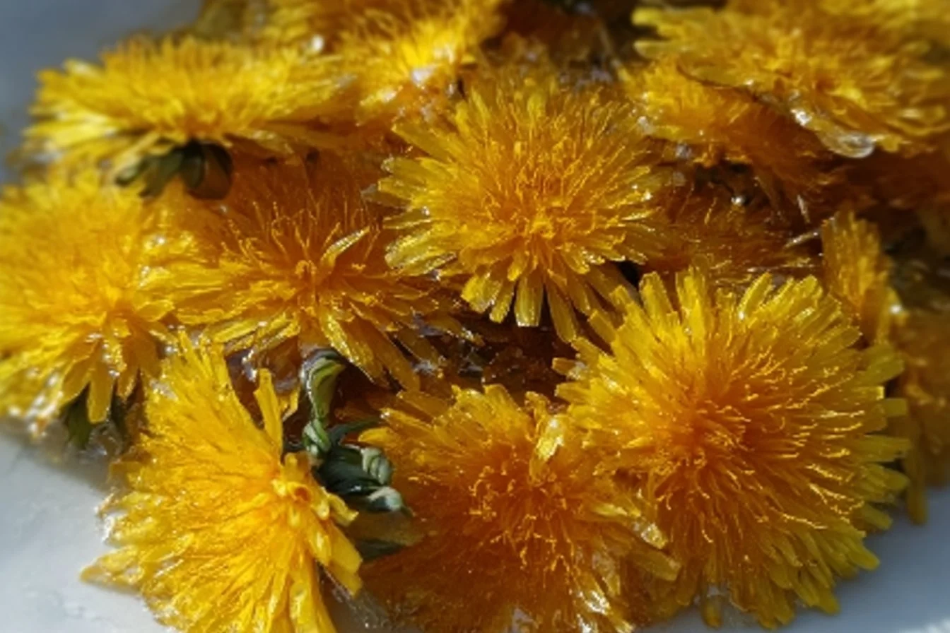 Homemade Dandelion Jelly in a jar with dandelions for decoration.