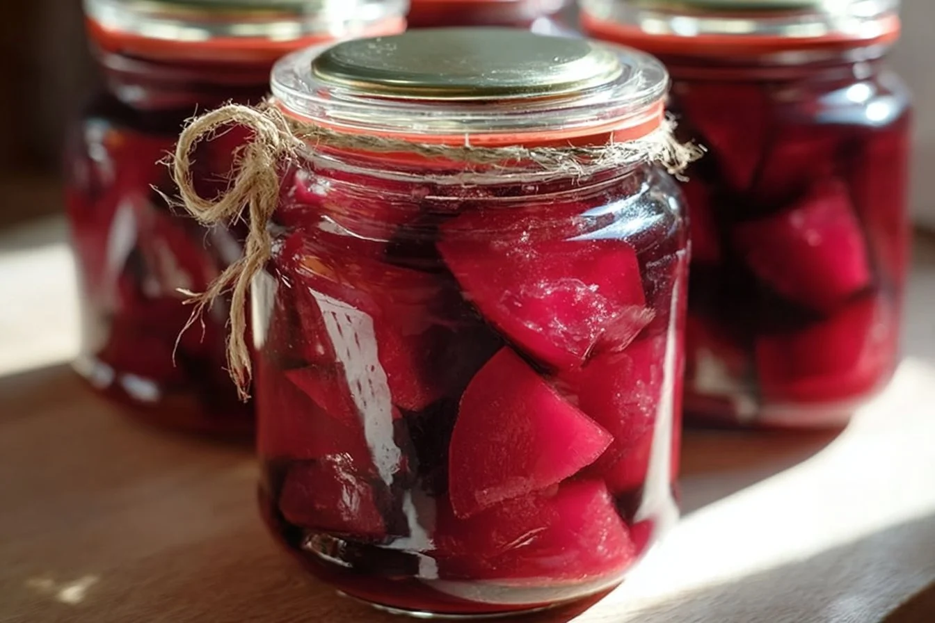 Jars of delicious pickled beets on a wooden table