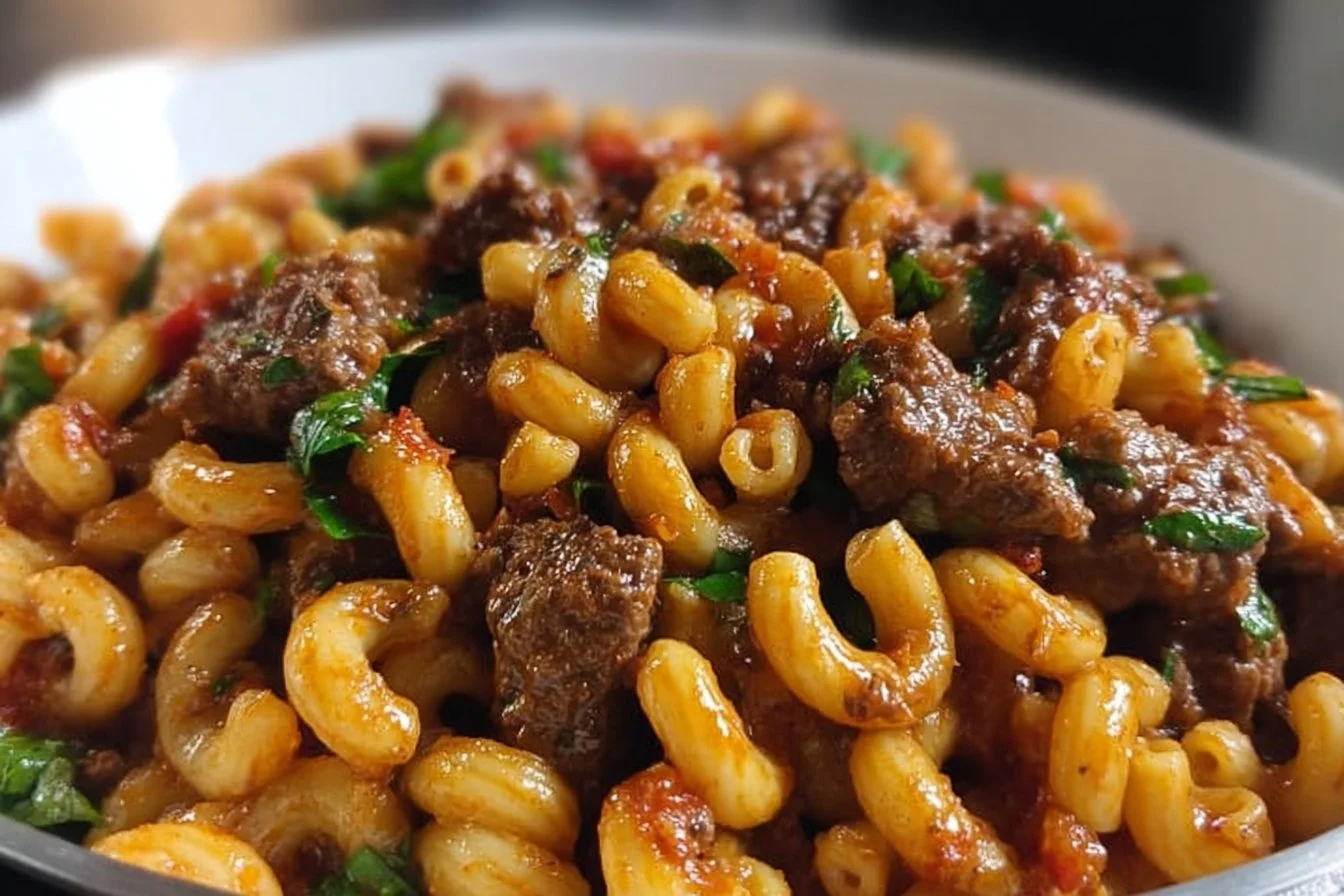 Bowl of healthy mac and beef with vegetables and cheese