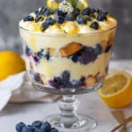 Delicious lemon blueberry trifle in a glass with layers of cream and berries