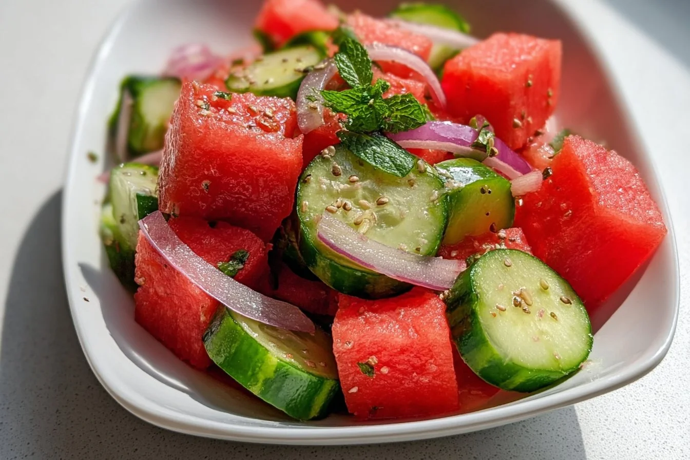 Easy vegan watermelon cucumber salad with fresh ingredients