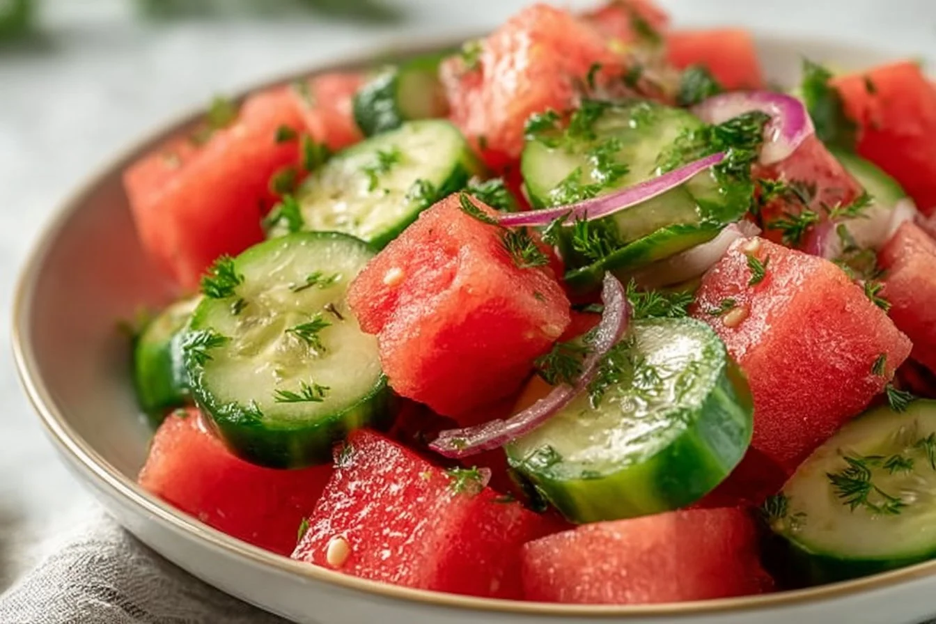 Easy watermelon cucumber salad with fresh greens in a bowl