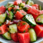 Fresh watermelon cucumber salad in a bowl with mint leaves