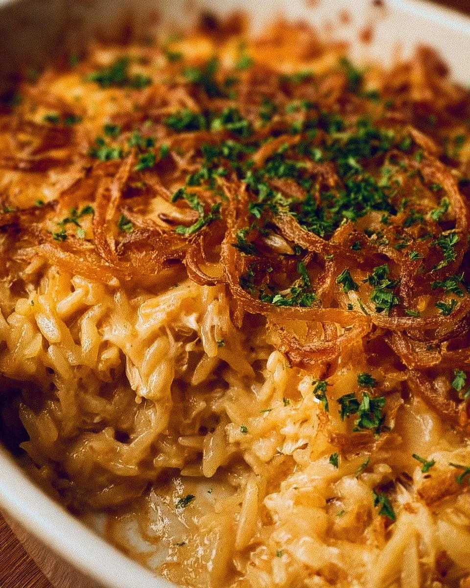 French Onion Chicken Orzo Casserole topped with cheese and herbs in a baking dish.