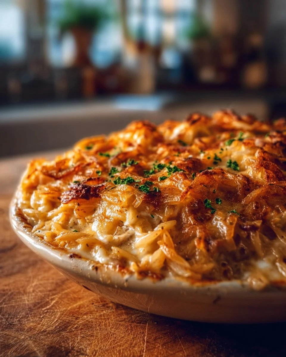 French Onion Chicken Orzo Casserole