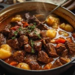 French-Style Beef Stew served in a rustic bowl with herbs and vegetables