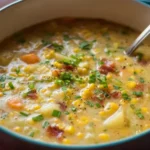 A bowl of fresh corn chowder garnished with herbs and spices.