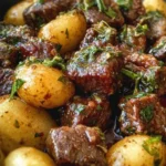 Garlic Butter Beef Bites served with golden crispy potatoes.