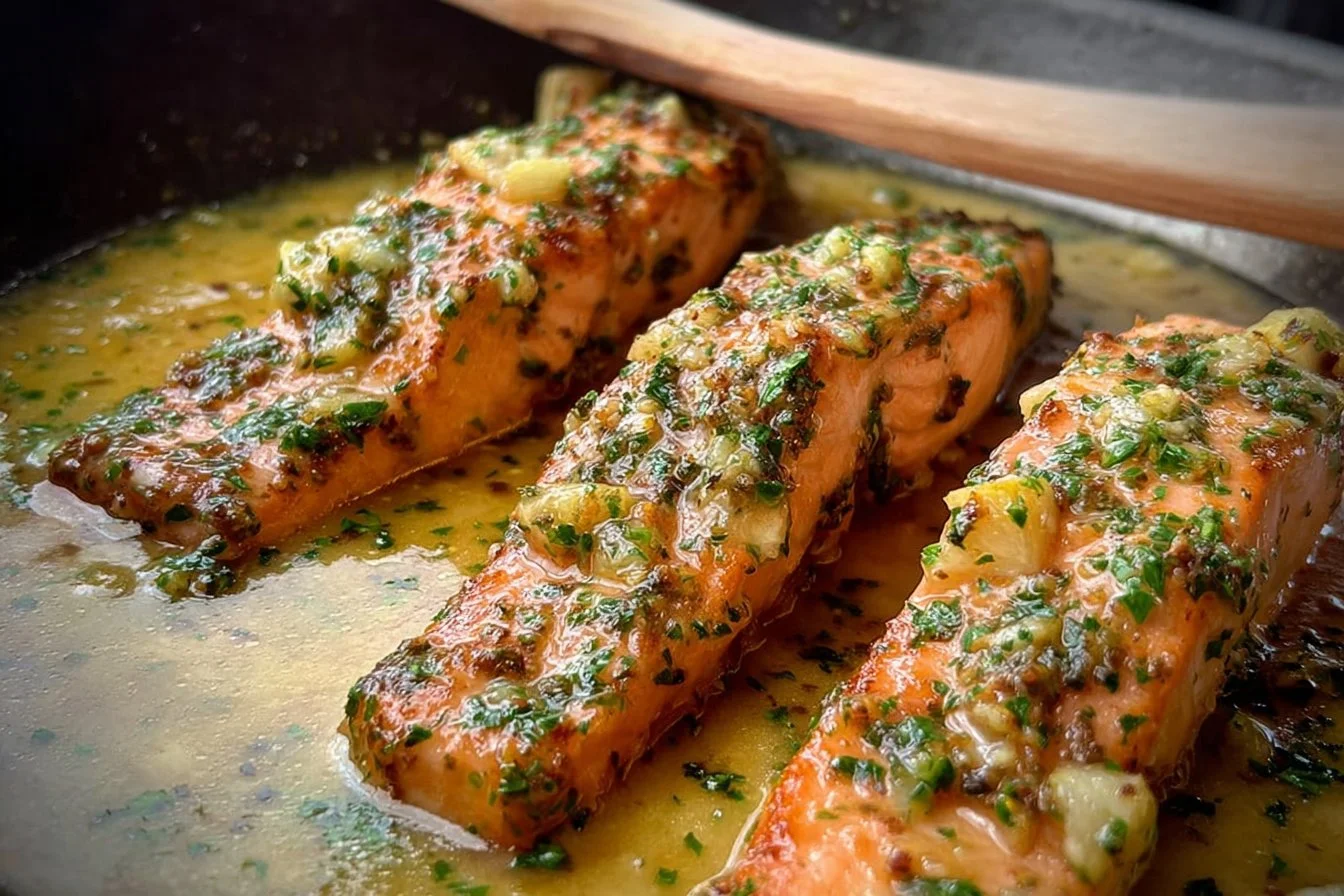 Garlic Butter Salmon served on a plate with herbs and lemon slices.