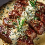A delicious Garlic Butter Steak served with Parmesan Cream Sauce