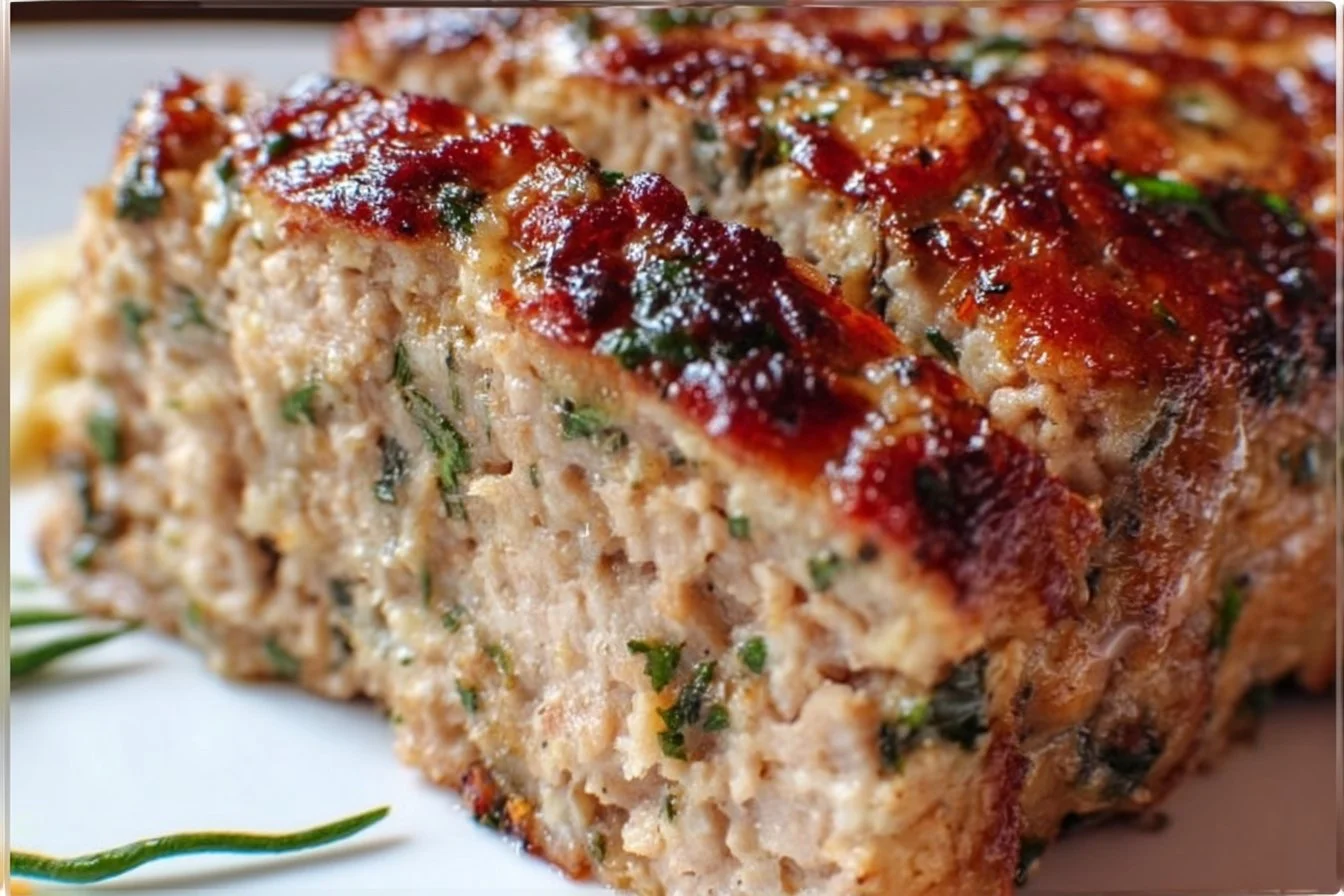 Juicy Garlic Parmesan Chicken Meatloaf served on a plate with herbs.