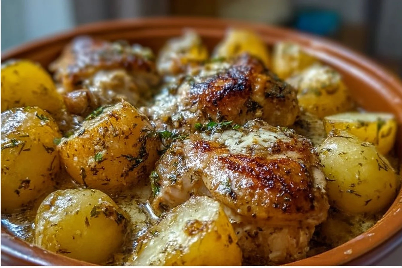 Garlic Parmesan Chicken and Potatoes cooked in a crockpot, served on a plate