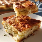 A plate of Greek Boureki, featuring layers of dough filled with cheese and zucchini.