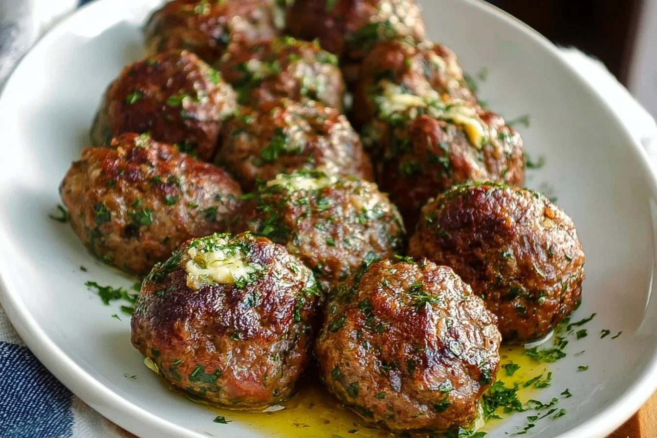 Greek meatballs (keftedes) topped with herb butter, served on a plate