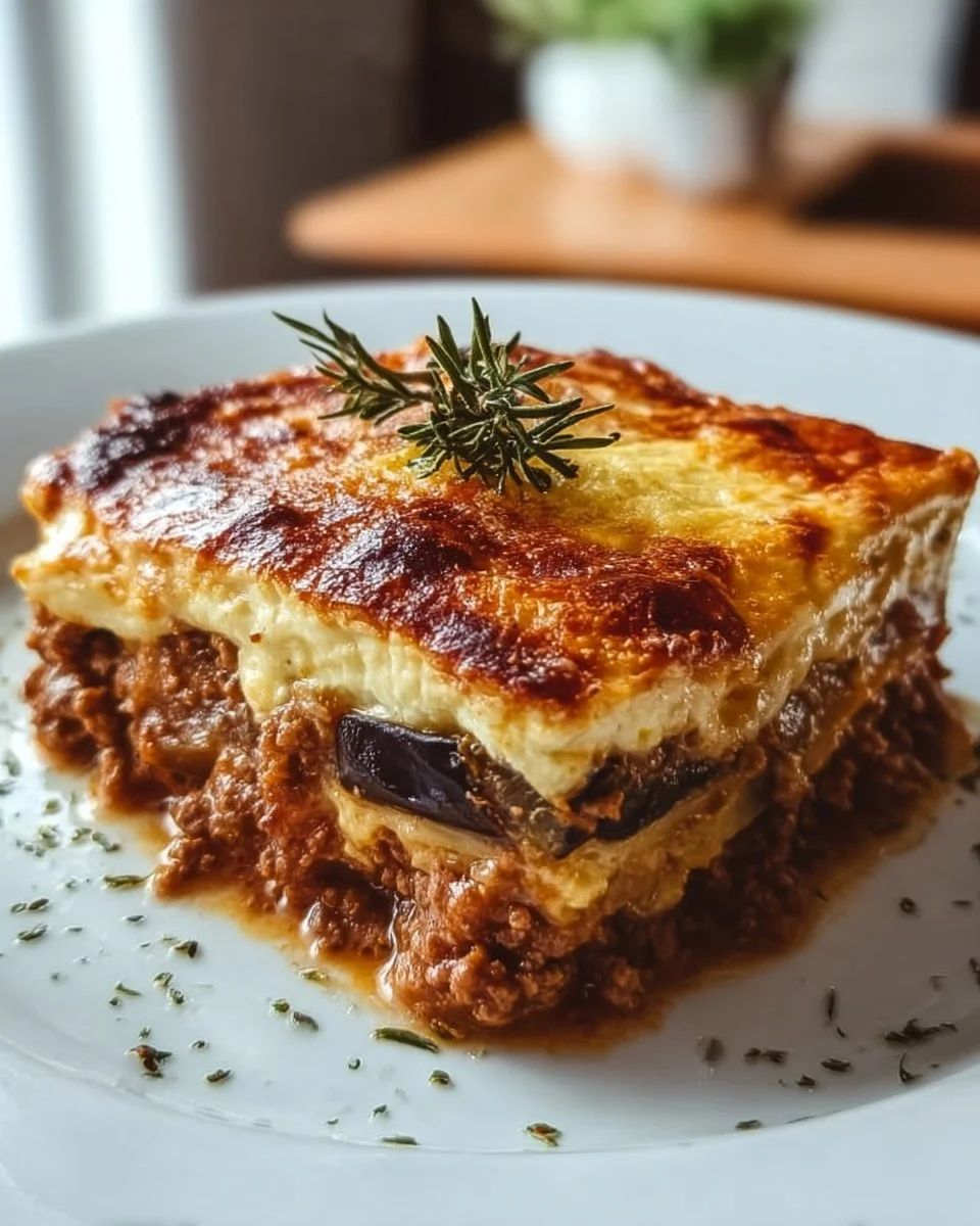 Delicious layered Greek Moussaka with eggplant and béchamel sauce