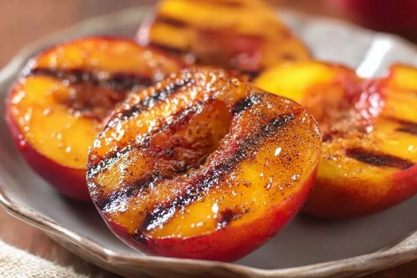 Delicious grilled peaches topped with cinnamon and brown sugar on a serving plate
