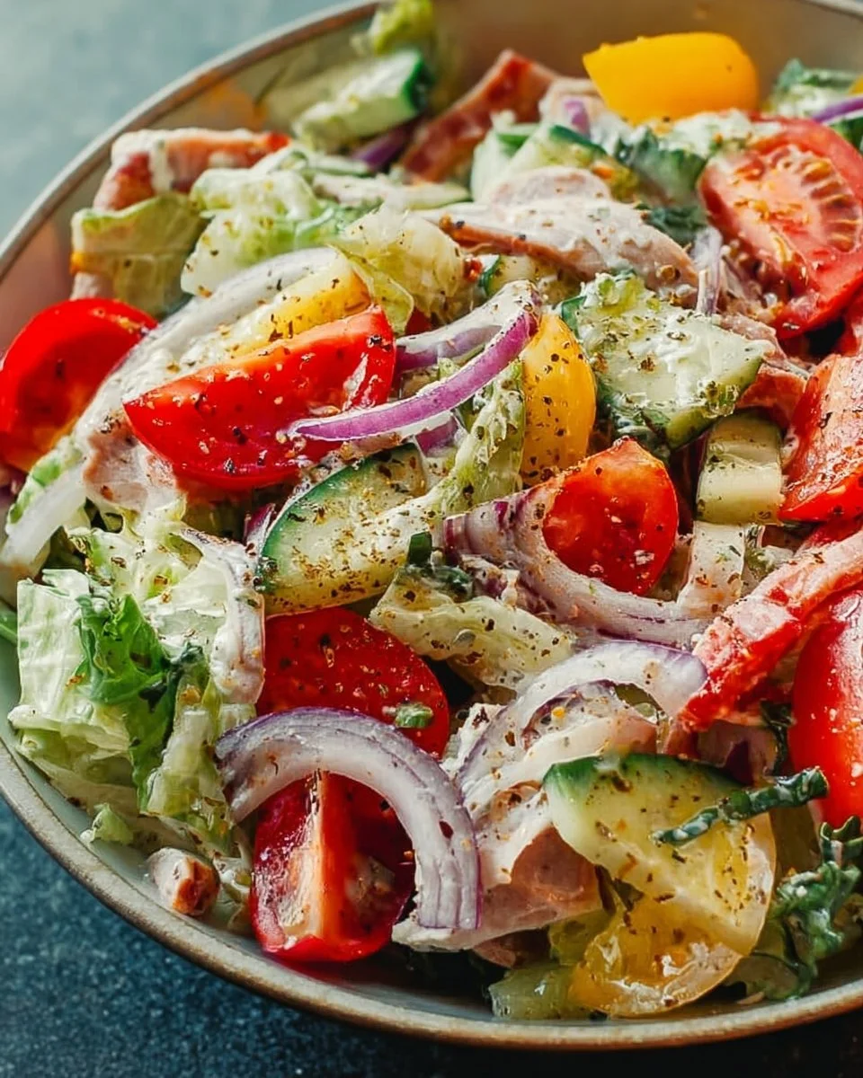 A colorful Bowl of Grinder Salad with fresh vegetables and toppings