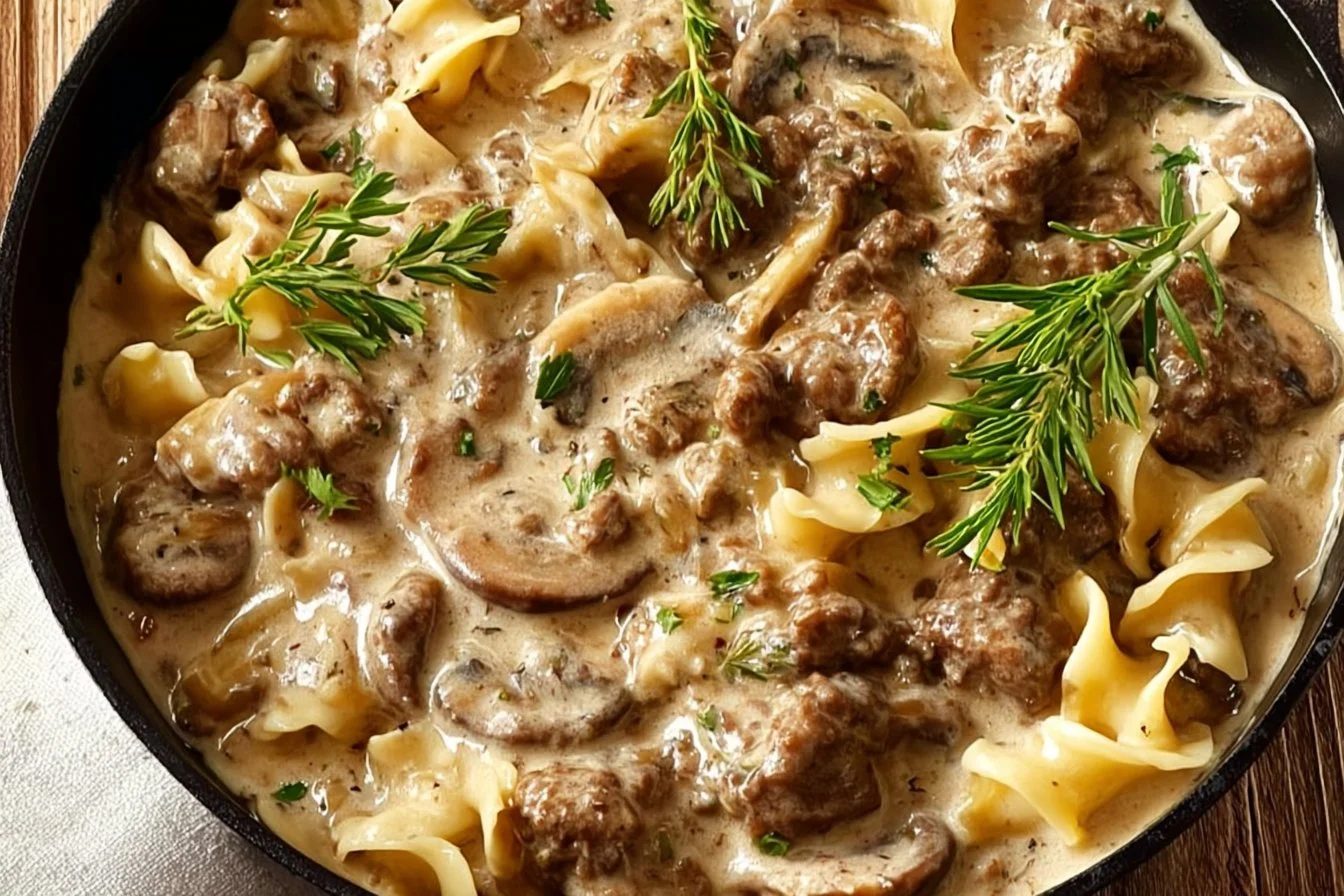 Delicious bowl of ground beef stroganoff served with noodles and garnished with parsley.