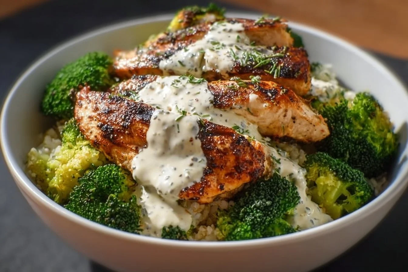 Healthy Grilled Chicken Broccoli Bowls with Creamy Garlic Sauce