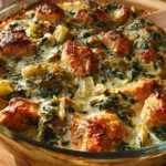 High-protein spinach and artichoke chicken casserole served in a baking dish