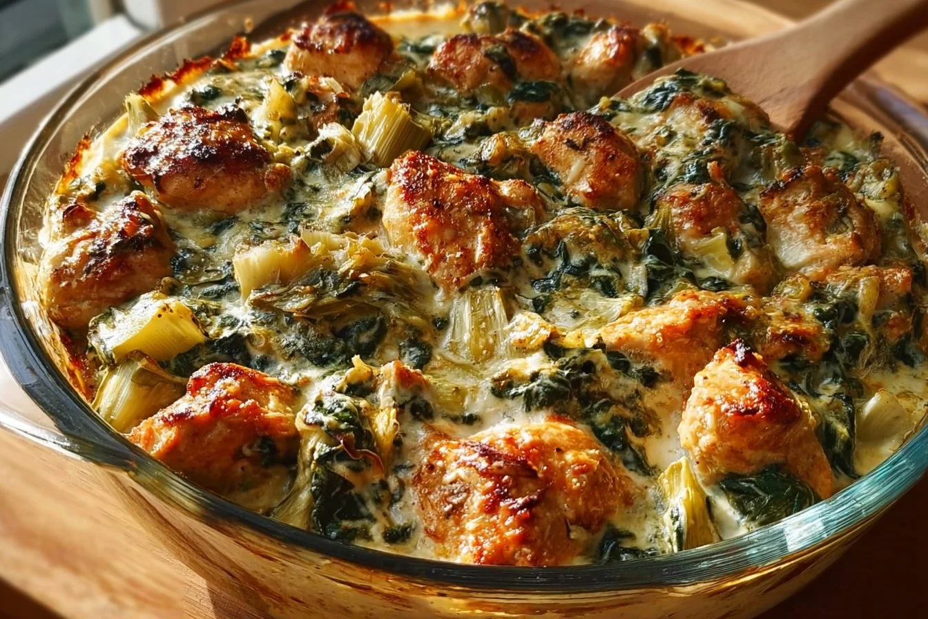 High-protein spinach and artichoke chicken casserole served in a baking dish