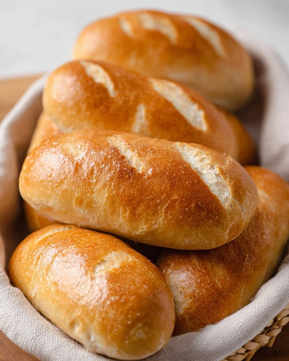 Freshly baked homemade hoagie rolls on a wooden board