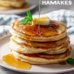 Stack of homemade pancakes topped with syrup and fresh fruit
