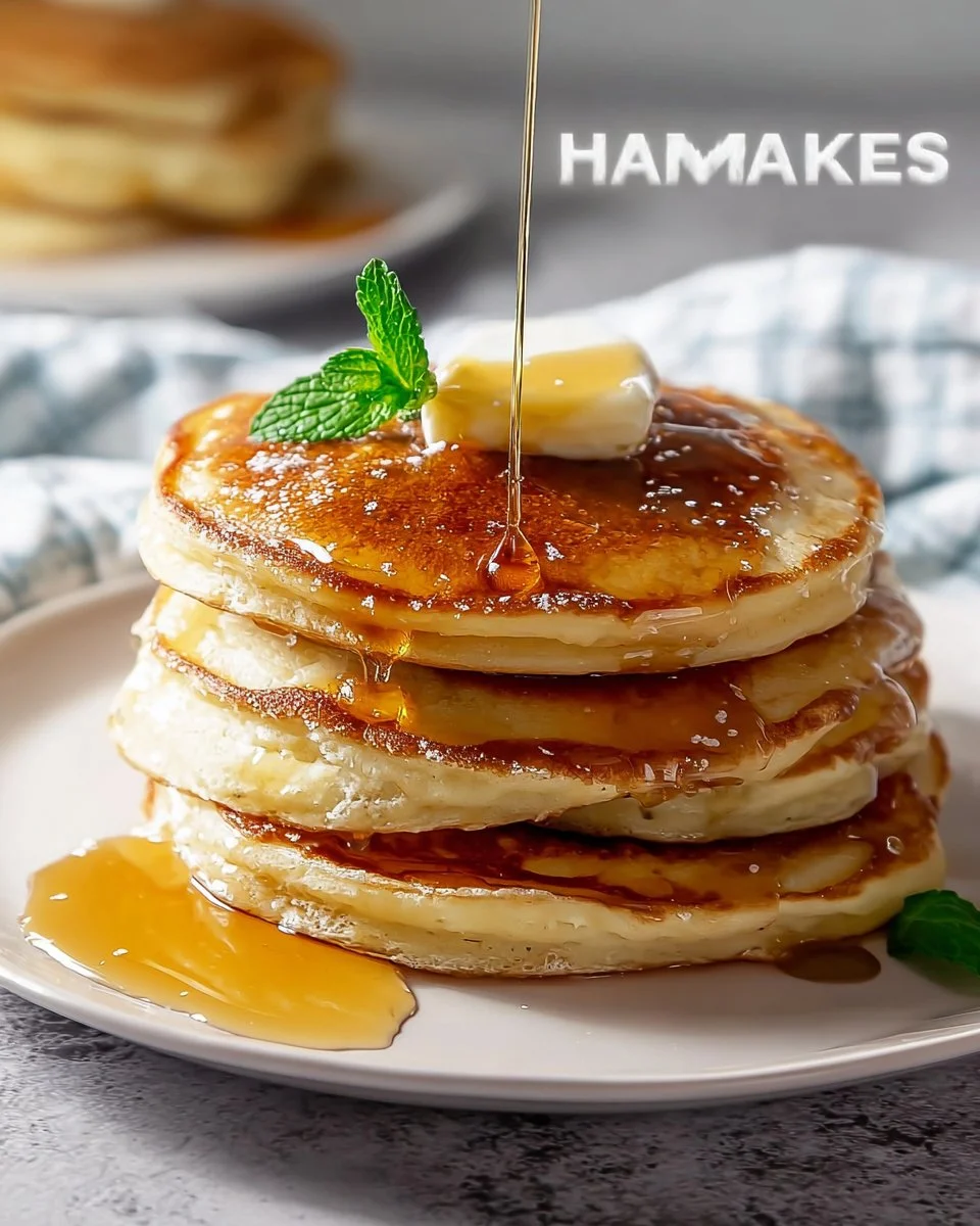 Stack of homemade pancakes topped with syrup and fresh fruit