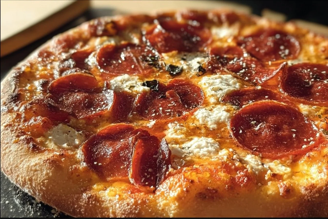 Hot Honey Pepperoni Ricotta Pizza with drizzled honey and crispy pepperoni