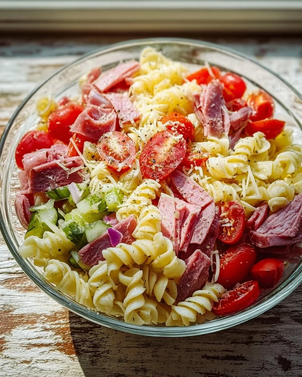 Italian Grinder Pasta Salad with fresh vegetables and dressing