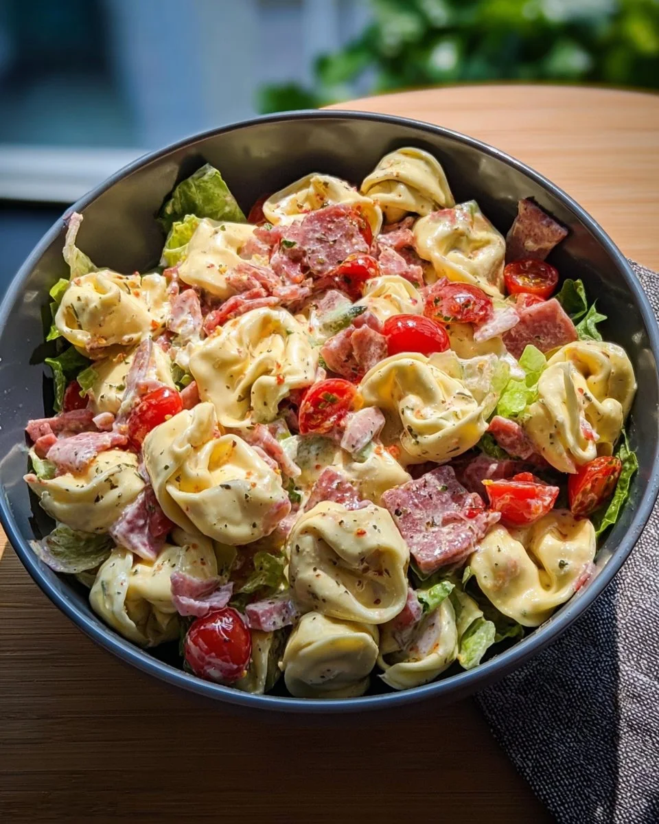 Colorful Italian Grinder Tortellini Salad with fresh vegetables and dressing