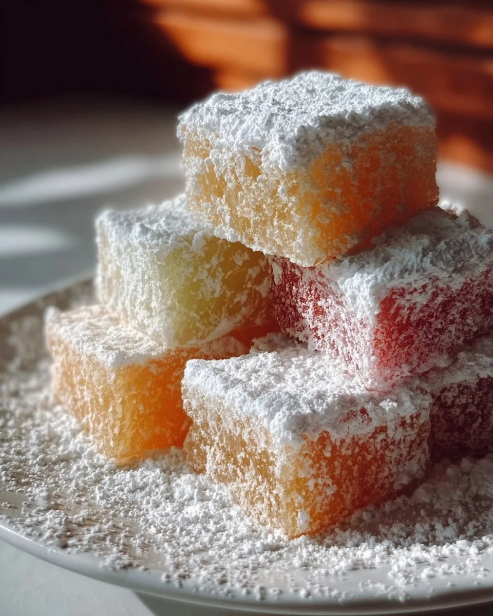 A plate of colorful Loukoumia sweets, traditional Greek delicacies, dusted with powdered sugar.