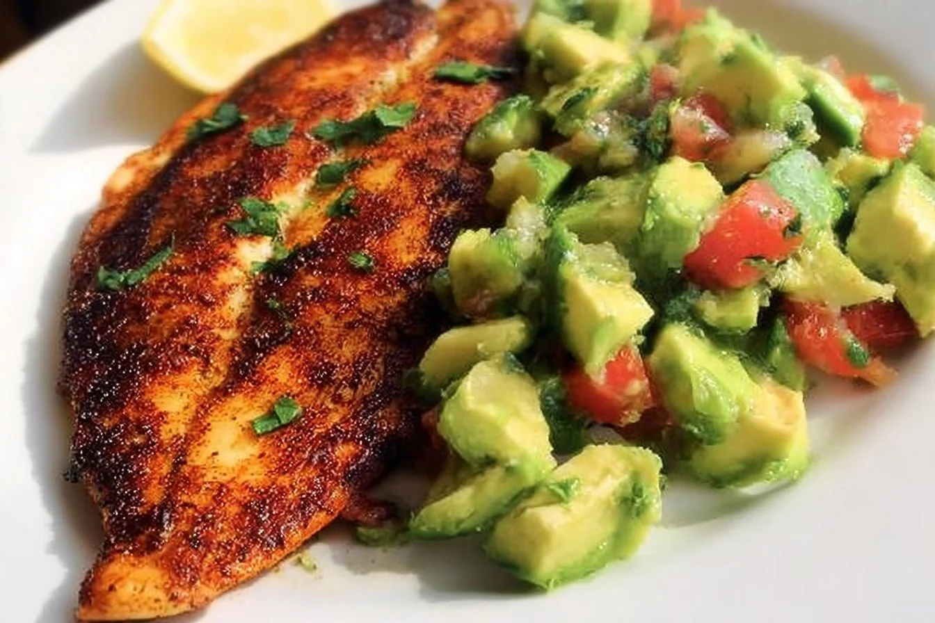 Low-carb blackened tilapia served with avocado cucumber salsa.