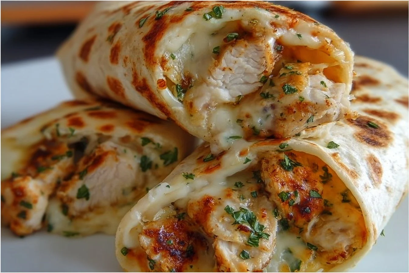 Low carb cheesy garlic chicken wraps served on a plate with fresh ingredients