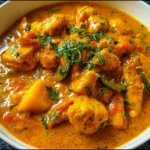 Delicious mango chicken curry garnished with fresh herbs