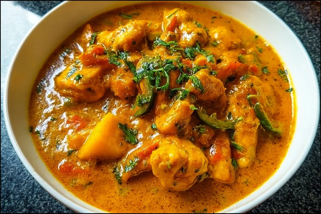 Delicious mango chicken curry garnished with fresh herbs