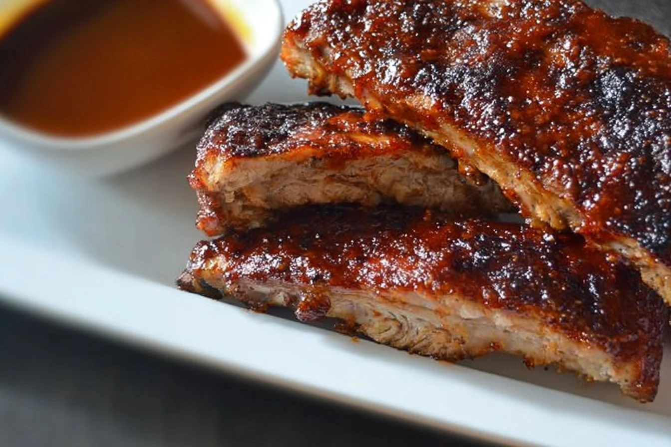 Deliciously glazed Maple Brown Sugar BBQ Ribs served on a plate.