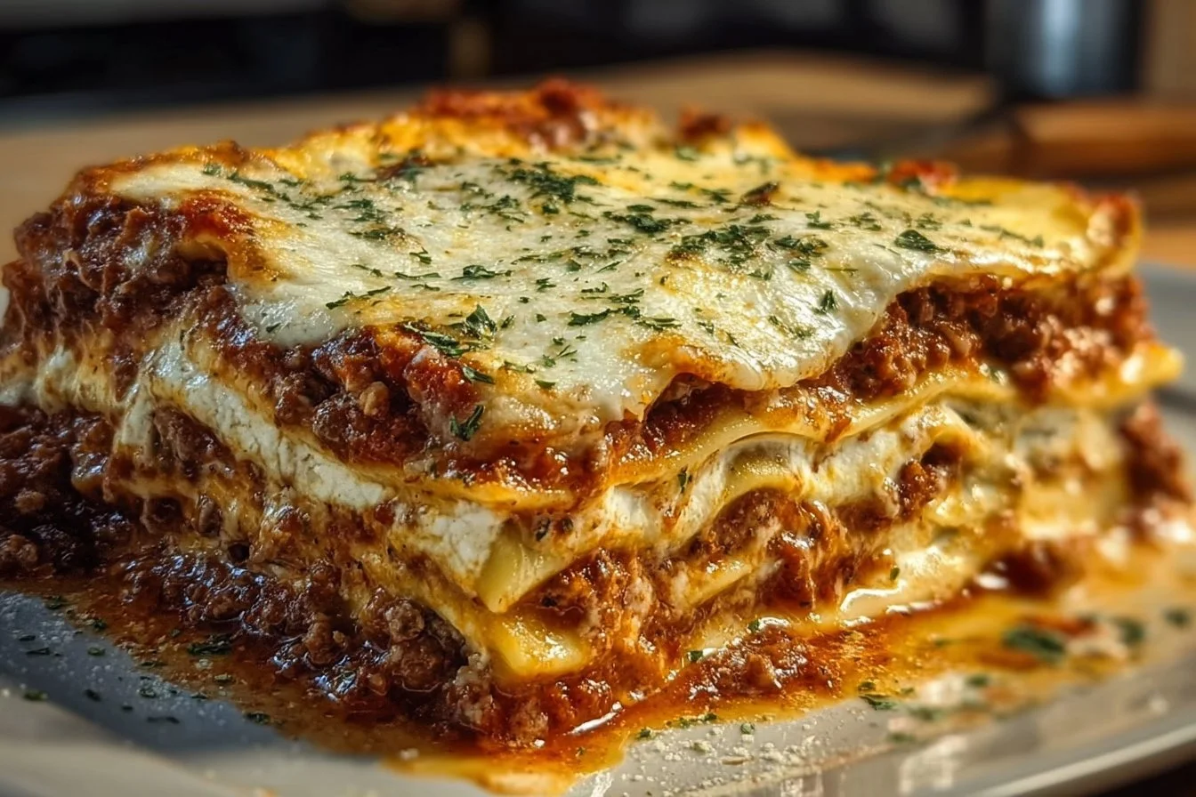 Delicious Million Dollar Italian Lasagna served with fresh herbs and cheese