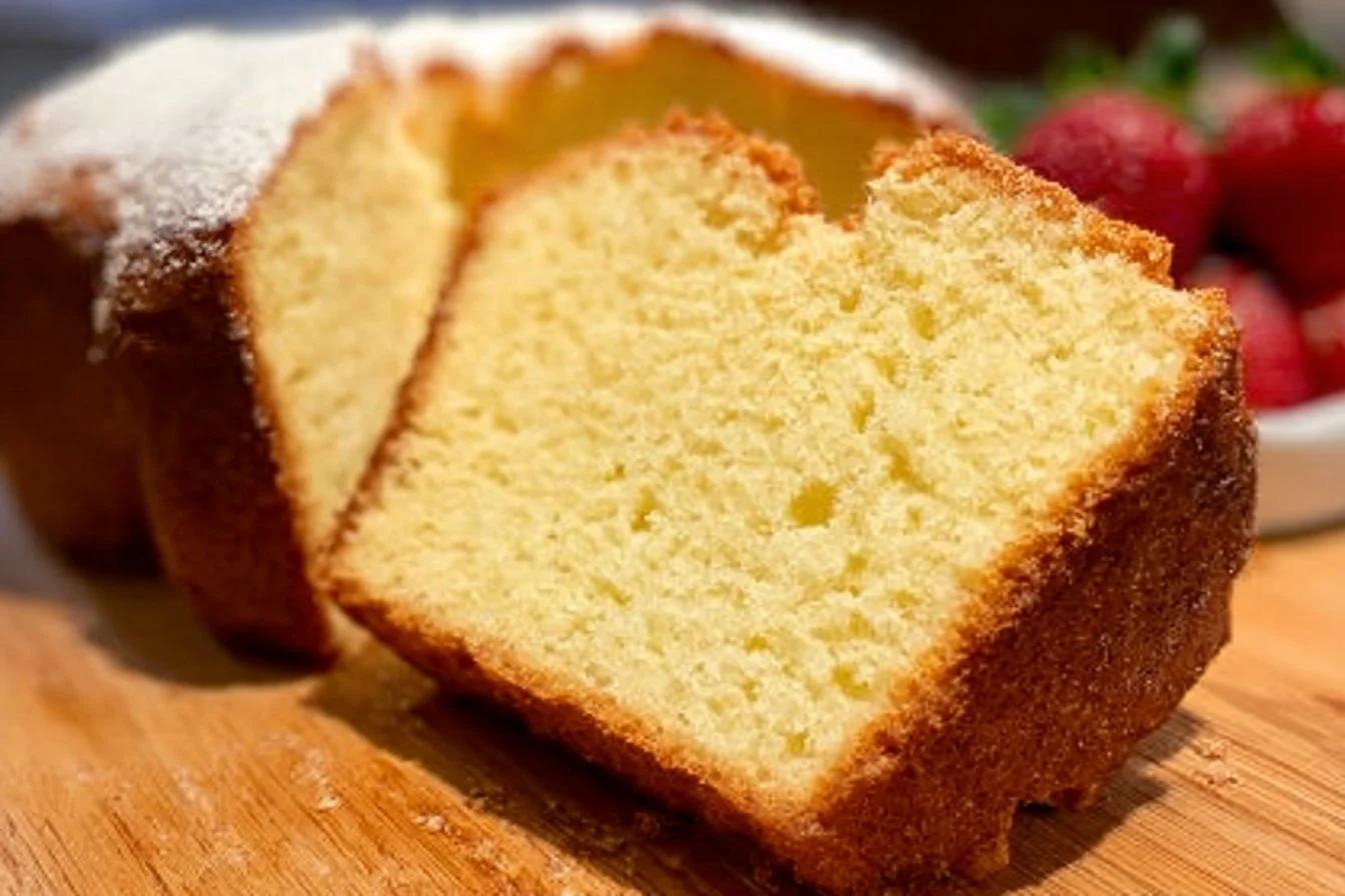 Slice of Million Dollar Pound Cake on a plate with fresh berries
