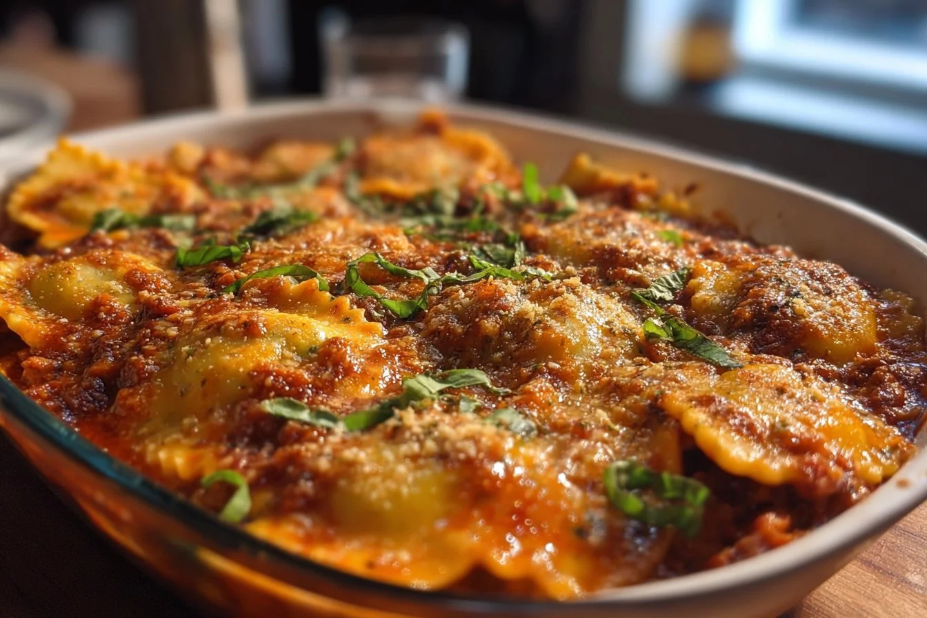 Delicious Million Dollar Ravioli Casserole baked and ready to serve