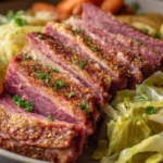 Oven baked corned beef and cabbage served on a plate