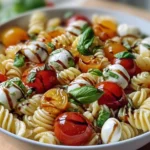 Colorful Pasta Salad with Cherry Tomatoes, Mozzarella, and Fresh Basil