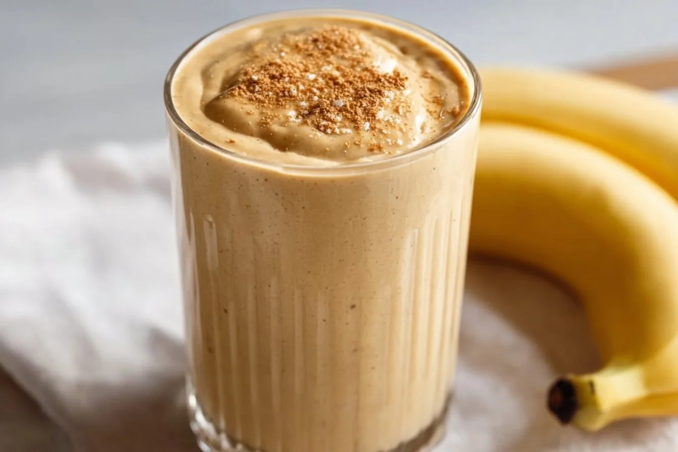Peanut Butter Banana Smoothie in a glass with a banana and peanut butter on the side