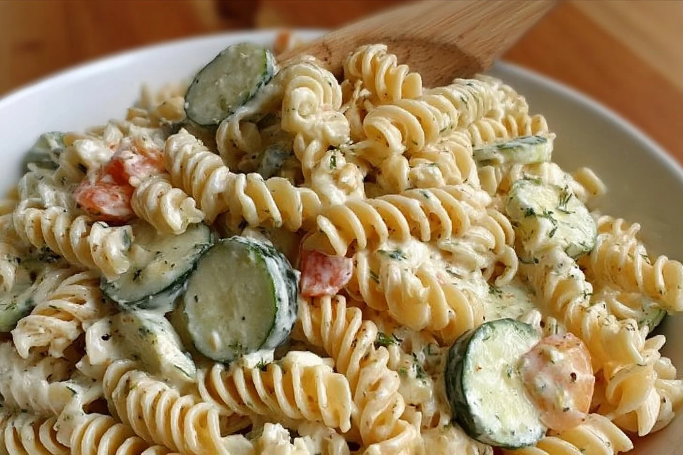 Delicious dill pickle pasta salad recipe with fresh ingredients in a bowl
