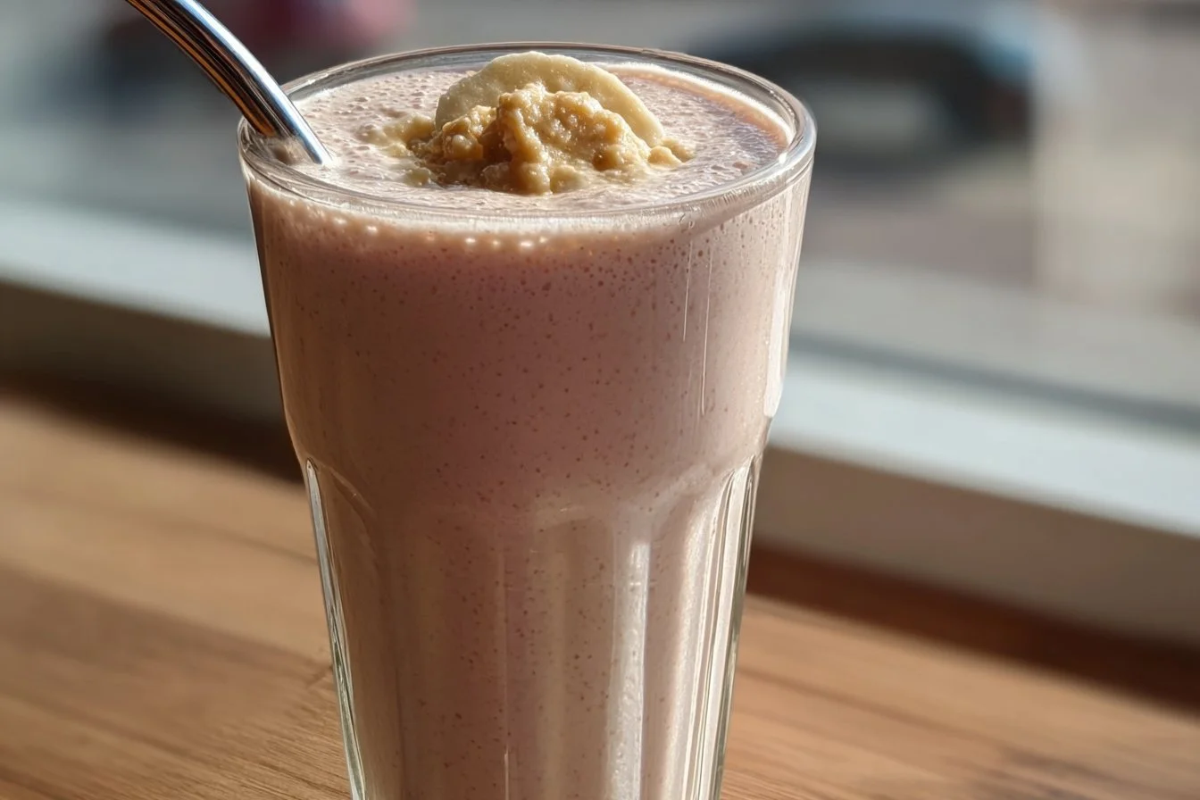 A healthy protein smoothie made with fruits and protein powder in a glass