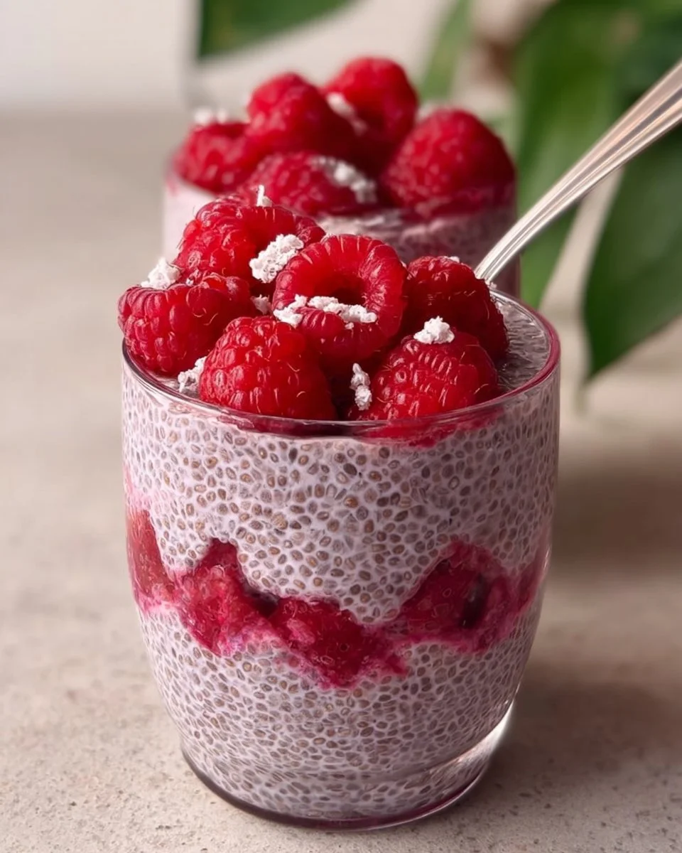 Delicious homemade raspberry chia pudding with fresh berries and nuts