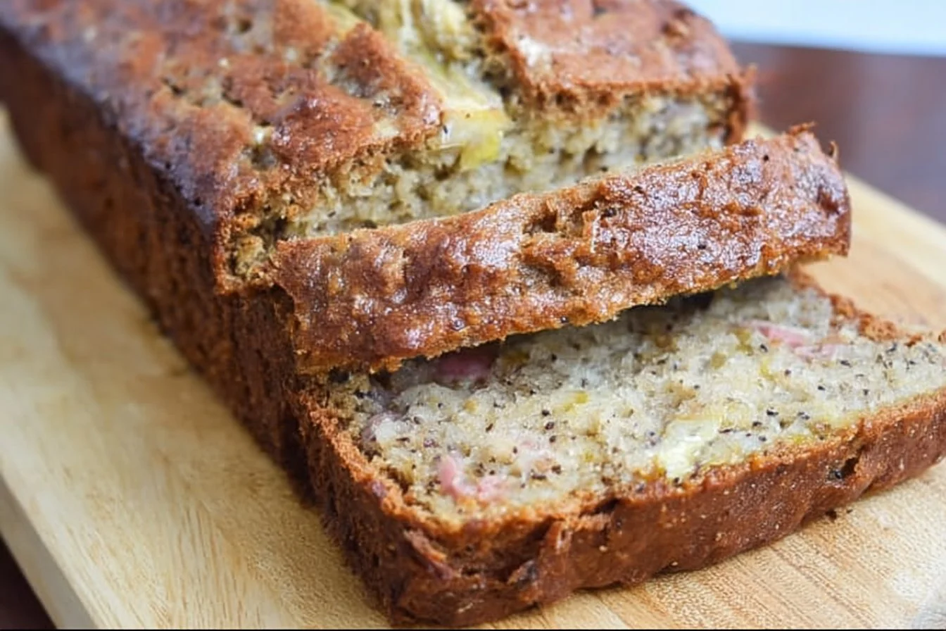 Slice of homemade rhubarb banana bread on a wooden table.