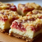 Delicious rhubarb cheesecake squares with a creamy texture and tart flavor.
