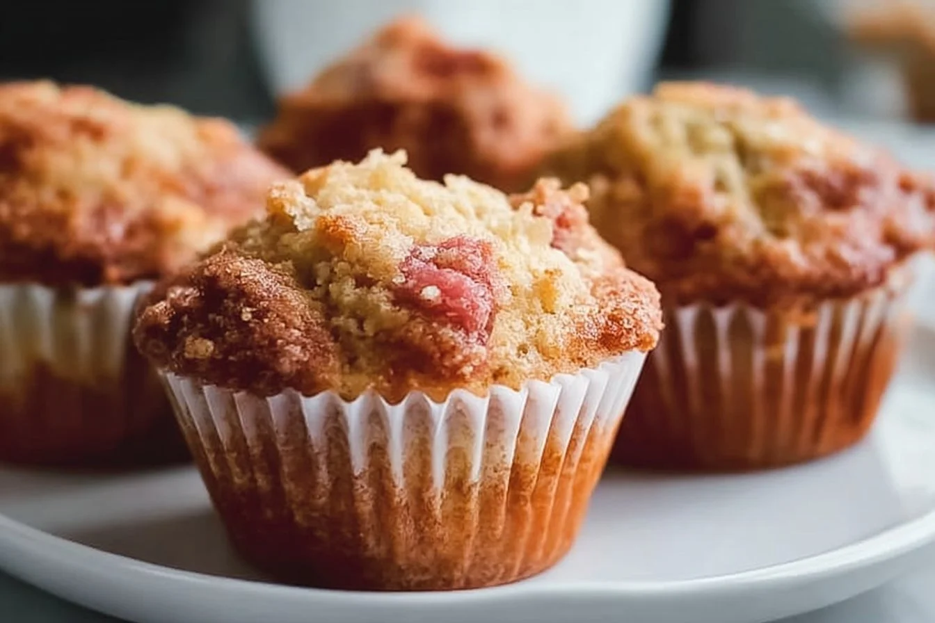 Delicious homemade rhubarb muffins on a rustic wooden table